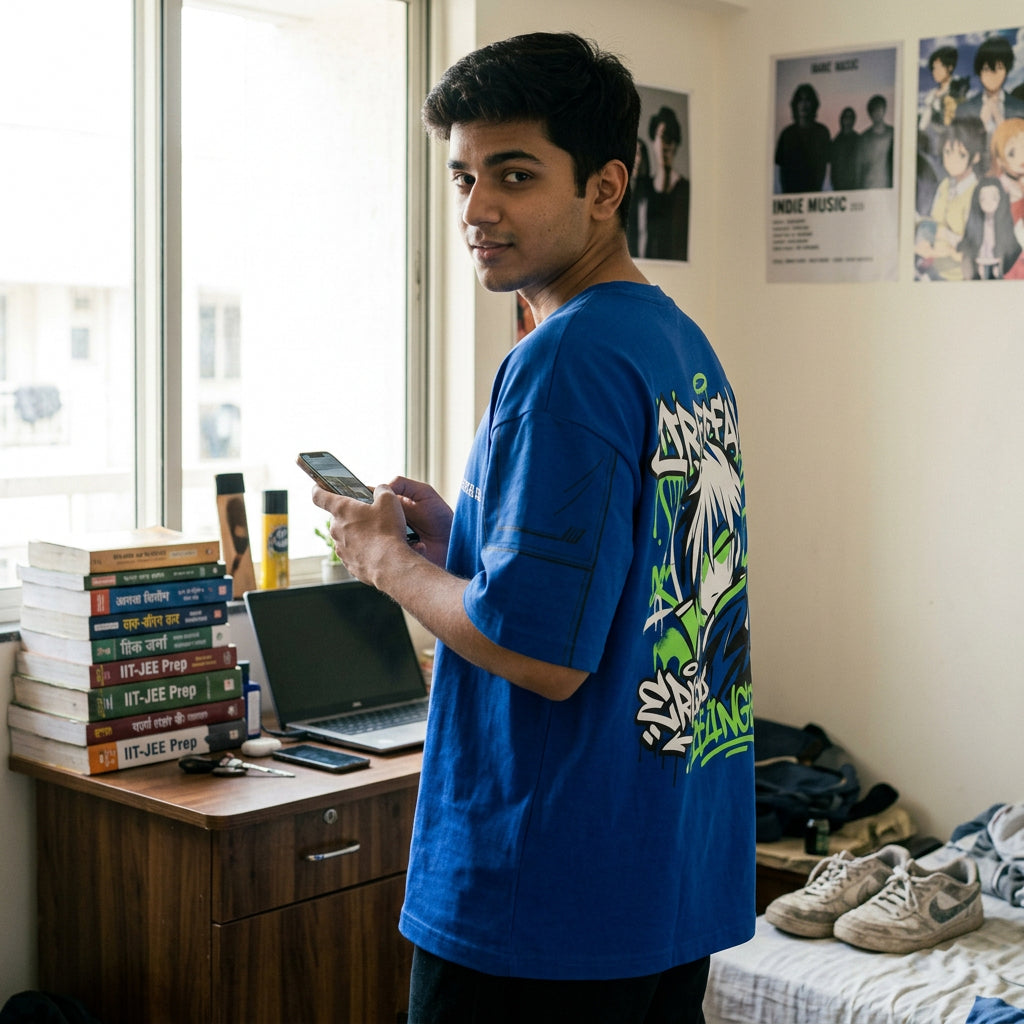 Anime Blue Print Oversized T-Shirt