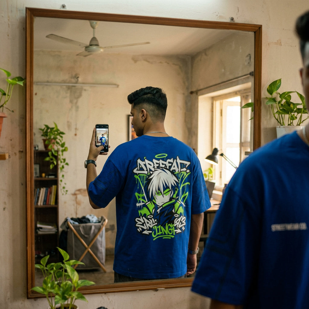 Anime Blue Print Oversized T-Shirt